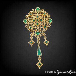 VTG Green Rhinestones & Enamel Filigree Dangles Victorian Style Gold Tone Brooch